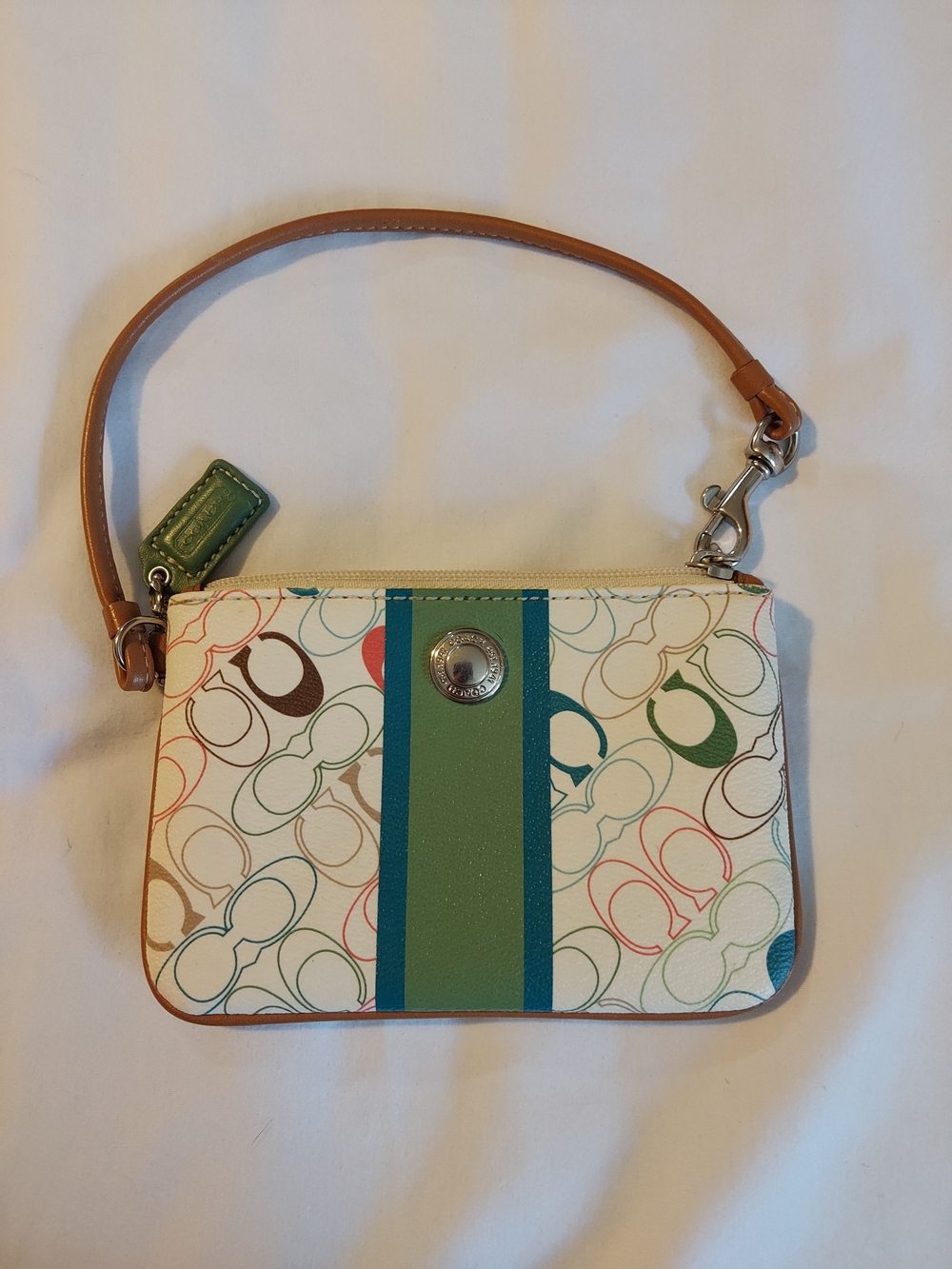 COACH Chelsea Heritage Stripe Wristlet Multi Color Signature Scribble Cream